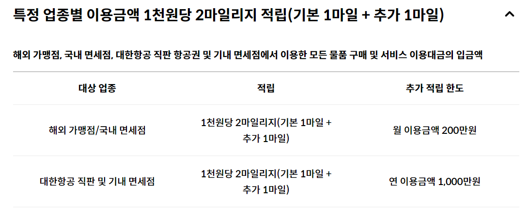 대한항공카드 마일리지 적립 기준